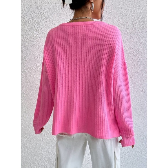 Hot pink barbie Notched Neck Drop Shoulder Split Hem Sweater - Picture 6 of 7